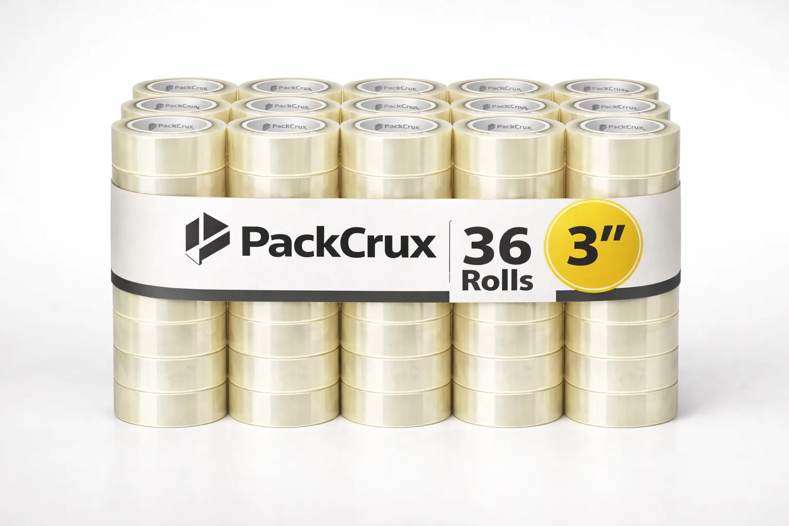 A 36-roll case of Packcrux 3-inch clear packing tape